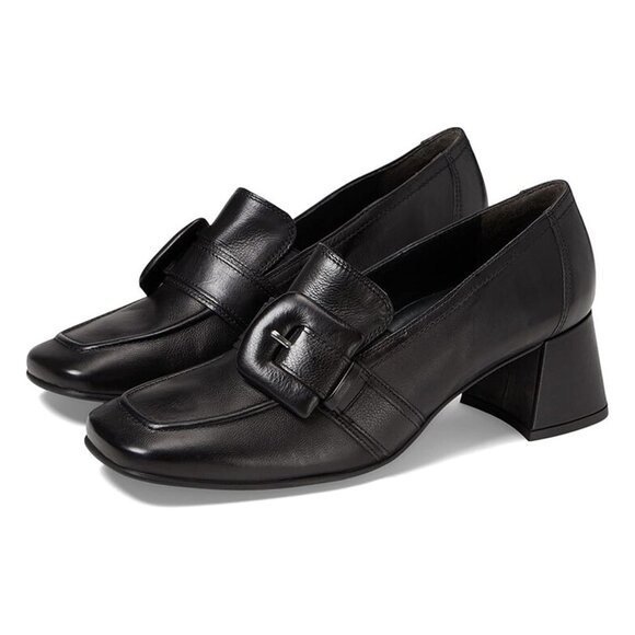 NWT$500 Paul Green ROBIN HEEL SQUARE TOE LOAFER BUCKLE BLACK LEATHER 7.5(TD10)